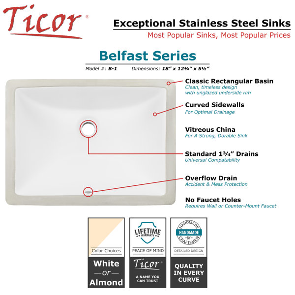 Ticor Sinks Belfast Series 12.75'' Ceramic Rectangular Undermount Bathroom Sink with Overflow